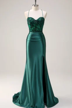 Vestido de Baile com Fenda Brilhante Verde Escuro Sereia Alças Finas Espartilho Longo