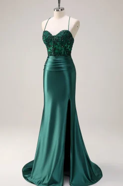 Vestido de Baile com Fenda Brilhante Verde Escuro Sereia Alças Finas Espartilho Longo