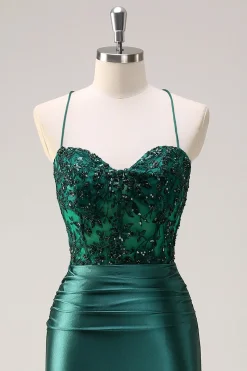 Vestido de Baile com Fenda Brilhante Verde Escuro Sereia Alças Finas Espartilho Longo