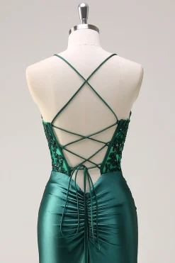 Vestido de Baile com Fenda Brilhante Verde Escuro Sereia Alças Finas Espartilho Longo
