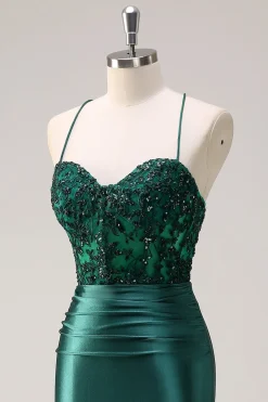 Vestido de Baile com Fenda Brilhante Verde Escuro Sereia Alças Finas Espartilho Longo