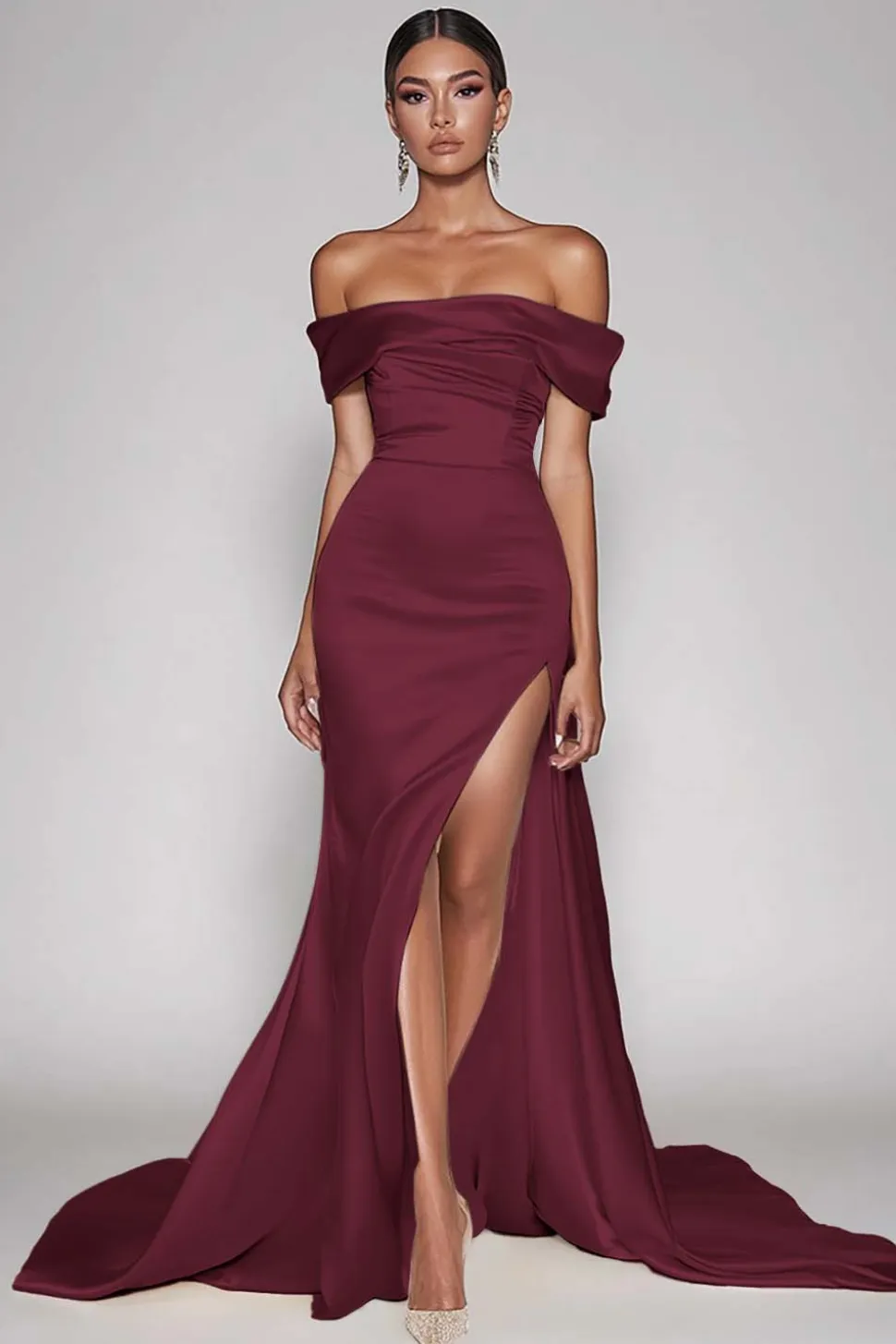 Vestido de Baile com Fenda Cabernet Fora do Ombro Cetim Longo