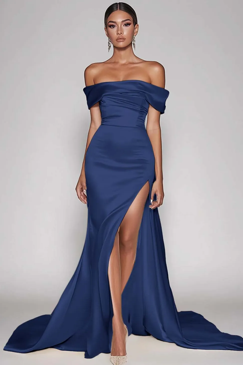 Vestido de Baile com Fenda Cabernet Fora do Ombro Cetim Longo