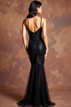 Vestido De Baile com Fenda Preto Brilhante Longo Decote em V