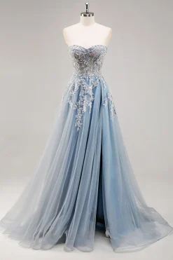 Vestido De Baile com Fenda Azul Cinzento Longo Linha-A Sem Alças