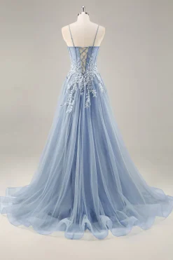 Vestido De Baile com Fenda Azul Cinzento Longo Linha-A Sem Alças