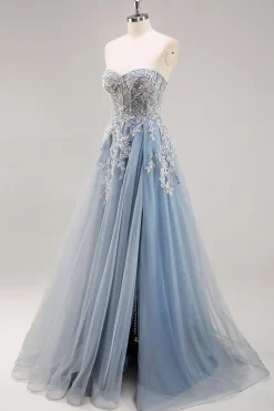 Vestido De Baile com Fenda Azul Cinzento Longo Linha-A Sem Alças