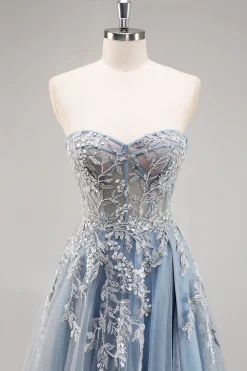 Vestido De Baile com Fenda Azul Cinzento Longo Linha-A Sem Alças