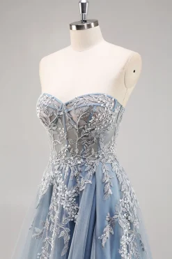 Vestido De Baile com Fenda Azul Cinzento Longo Linha-A Sem Alças