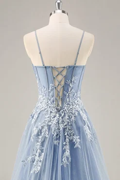 Vestido De Baile com Fenda Azul Cinzento Longo Linha-A Sem Alças