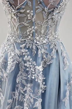 Vestido De Baile com Fenda Azul Cinzento Longo Linha-A Sem Alças