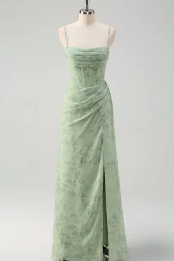 Vestido De Baile com Fenda Sage Poeirento Sereia Floral Alças Finas