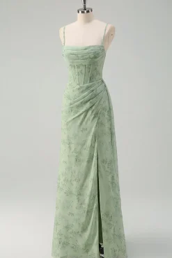 Vestido De Baile com Fenda Sage Poeirento Sereia Floral Alças Finas