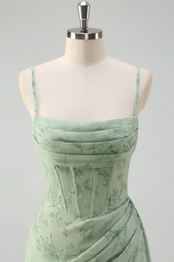Vestido De Baile com Fenda Sage Poeirento Sereia Floral Alças Finas