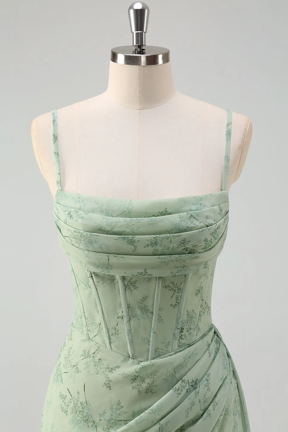 Vestido De Baile com Fenda Sage Poeirento Sereia Floral Alças Finas