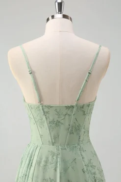 Vestido De Baile com Fenda Sage Poeirento Sereia Floral Alças Finas