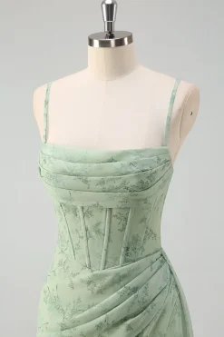 Vestido De Baile com Fenda Sage Poeirento Sereia Floral Alças Finas