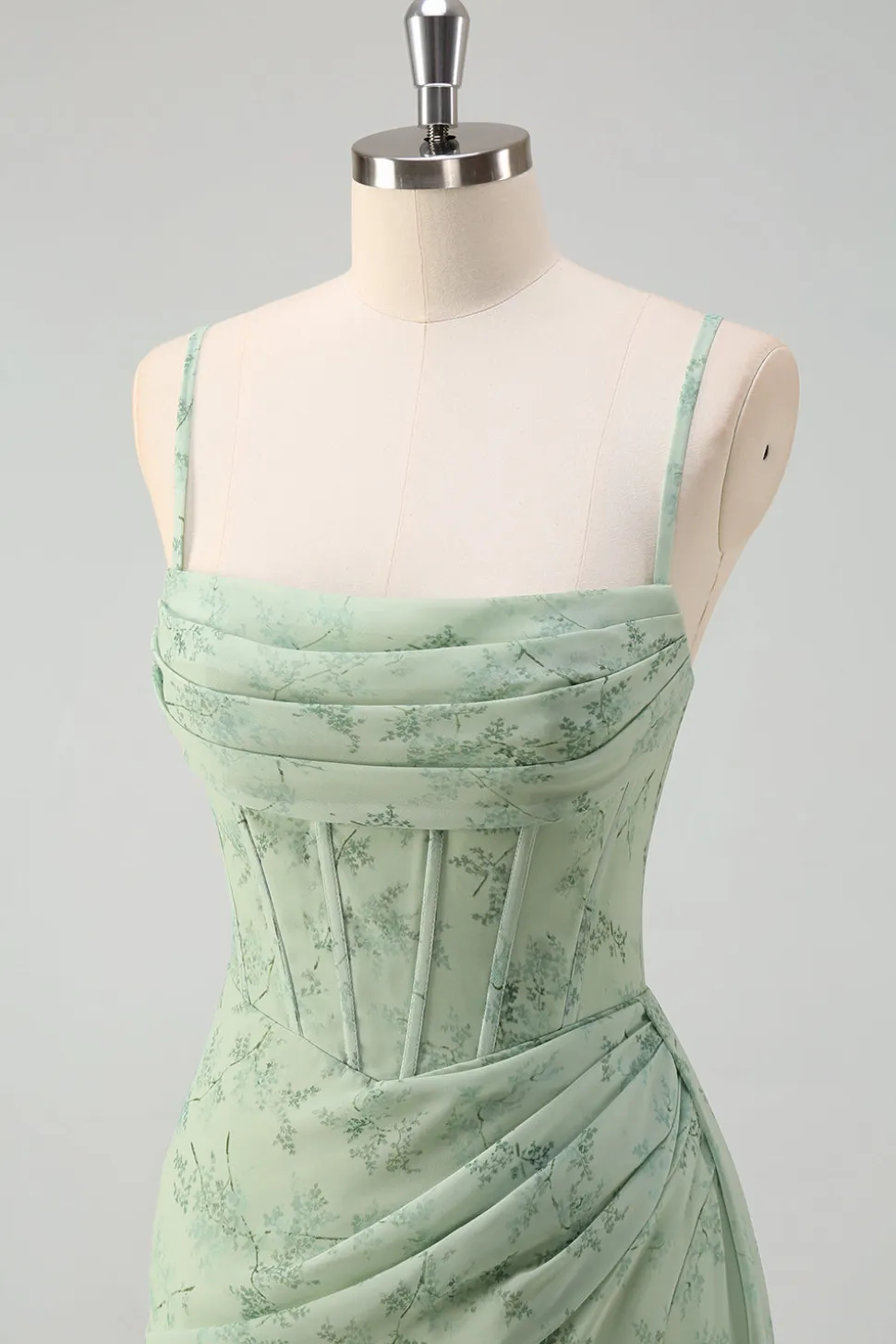 Vestido De Baile com Fenda Sage Poeirento Sereia Floral Alças Finas