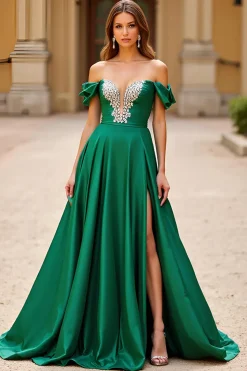Vestido De Baile com Fenda Verde Escuro Linha-A Cetim Longo Miçangas Fora do Ombro