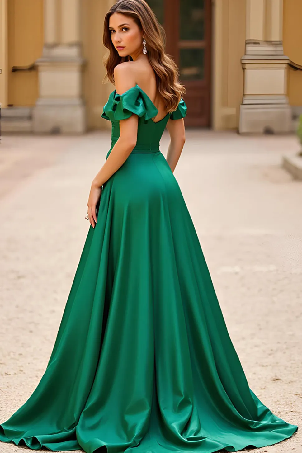 Vestido De Baile com Fenda Verde Escuro Linha-A Cetim Longo Miçangas Fora do Ombro