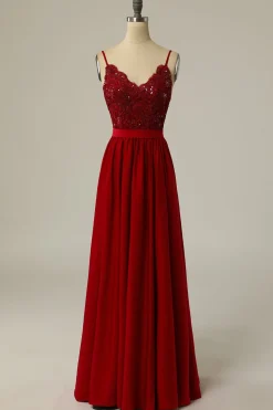 Vestido de baile comprido da Borgonha com renda de missangas