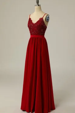 Vestido de baile comprido da Borgonha com renda de missangas