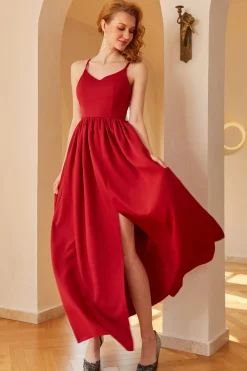 Vestido de baile de alças de espaguete borgonha