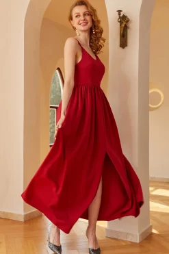 Vestido de baile de alças de espaguete borgonha
