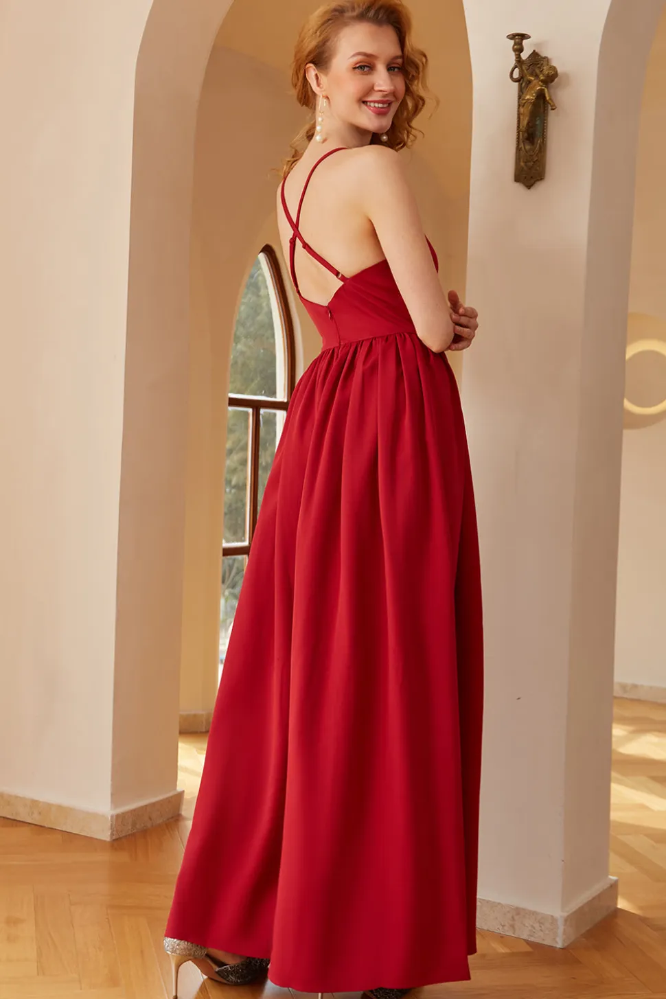Vestido de baile de alças de espaguete borgonha