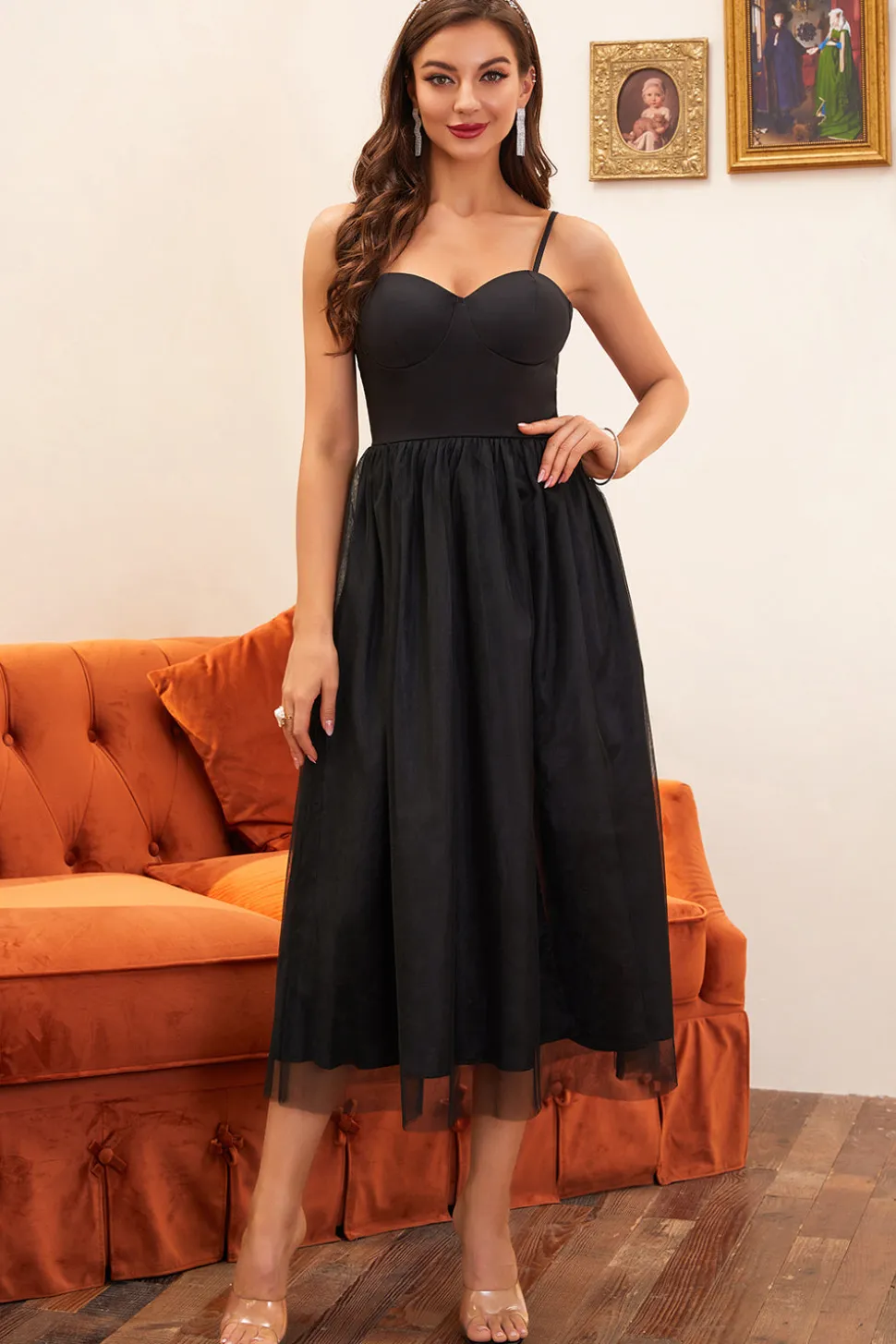 Vestido de baile de alças de espaguete preto