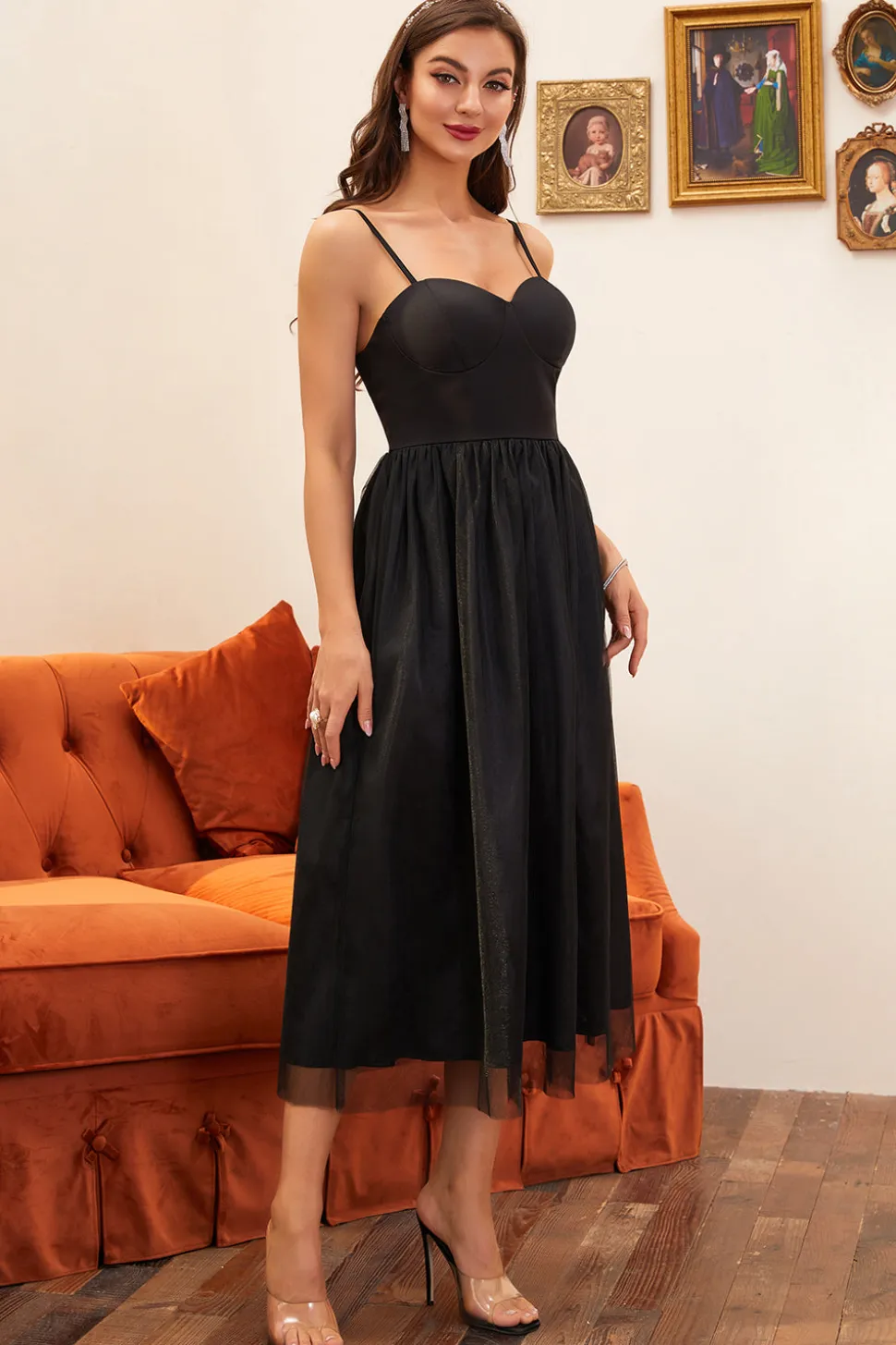 Vestido de baile de alças de espaguete preto