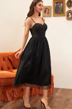 Vestido de baile de alças de espaguete preto