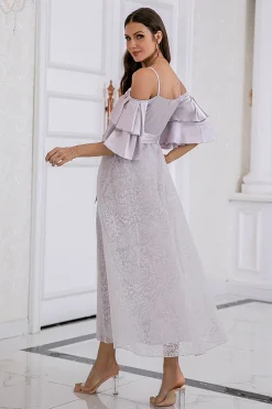 Vestido de baile de alças de espaguete cinza com renda