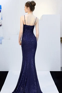 Vestido de baile de alças de espaguete de lantejoulas com fenda