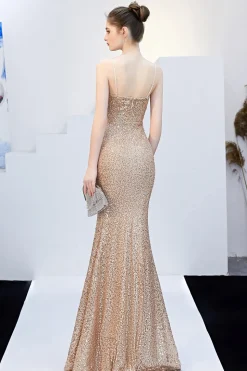 Vestido de baile de alças de espaguete de lantejoulas com fenda
