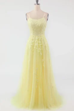 Vestido de baile de alças de espaguete amarelo
