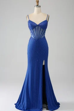 Vestido de baile de baile de espartilho azul real sereia com missangas