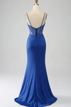 Vestido de baile de baile de espartilho azul real sereia com missangas