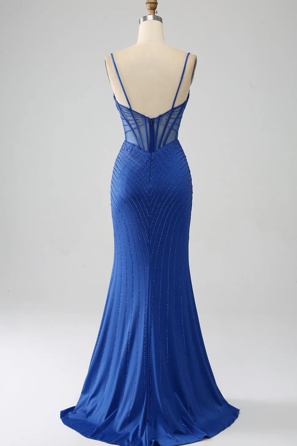 Vestido de baile de baile de espartilho azul real sereia com missangas