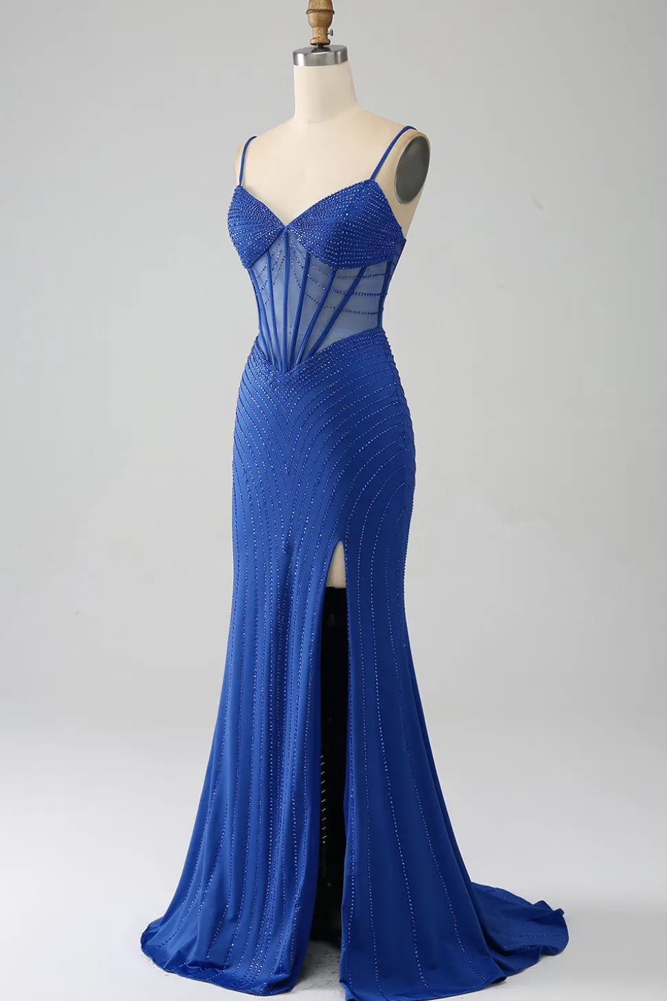 Vestido de baile de baile de espartilho azul real sereia com missangas