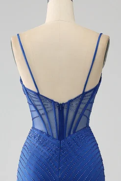 Vestido de baile de baile de espartilho azul real sereia com missangas