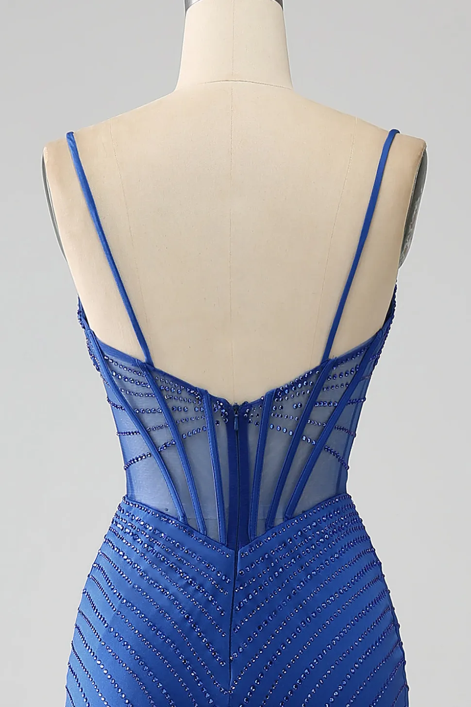 Vestido de baile de baile de espartilho azul real sereia com missangas