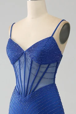 Vestido de baile de baile de espartilho azul real sereia com missangas