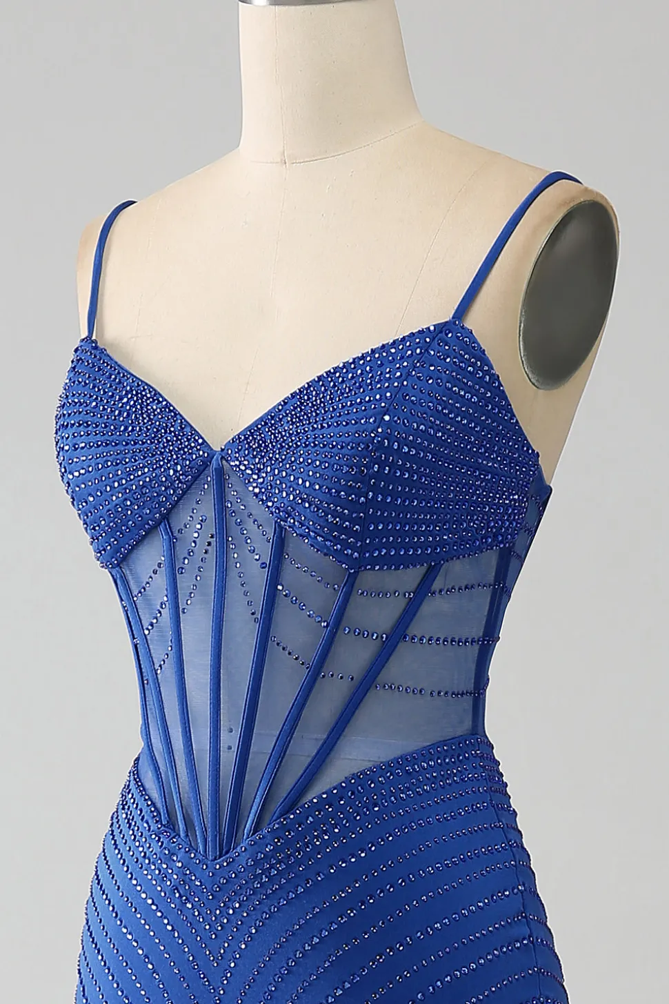 Vestido de baile de baile de espartilho azul real sereia com missangas