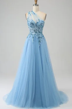 Vestido de baile de baile de lantejoulas azul claro A-Line One Shoulder com apliques