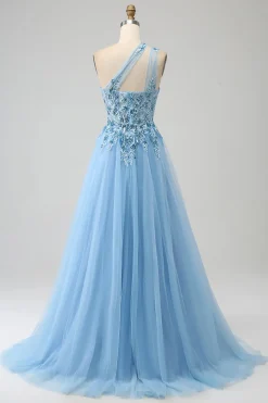 Vestido de baile de baile de lantejoulas azul claro A-Line One Shoulder com apliques