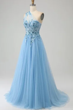 Vestido de baile de baile de lantejoulas azul claro A-Line One Shoulder com apliques