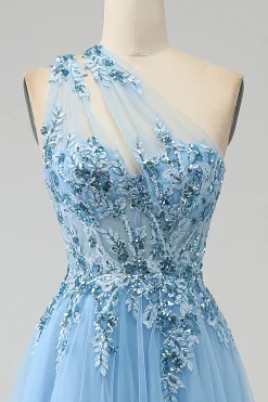 Vestido de baile de baile de lantejoulas azul claro A-Line One Shoulder com apliques