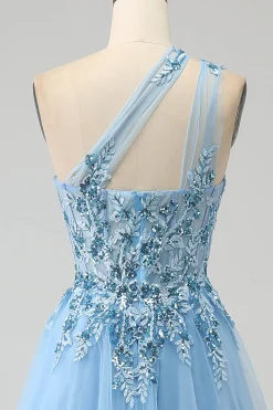 Vestido de baile de baile de lantejoulas azul claro A-Line One Shoulder com apliques
