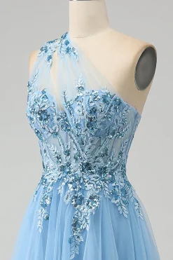 Vestido de baile de baile de lantejoulas azul claro A-Line One Shoulder com apliques
